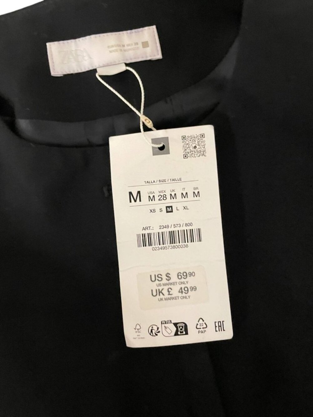 Zara Black Sleeveless Blazer Vest with Belt Medium Round Neck 2349/573 NWT - Picture 5 of 15